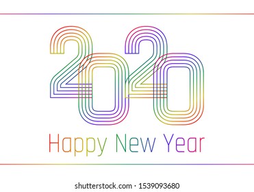 Happy New Year poster. Colorful gradient lines created number 2020 and greeting text. Vector illustration