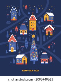 Happy New Year poster, cover, postcard. Cute Christmas houses, christmas tree, snowy forest, starry sky on background of winter landscape. Festive night city. Hand drawn vector illustration