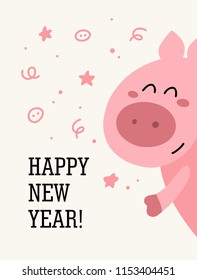 Happy New Year poster with cute pink piggy. Celebration flat vector illustration greeting poster