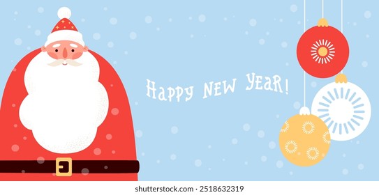 Happy New Year poster. Cute Santa Claus with Christmas balls and snow on blue background. Vector illustration. Xmas holiday horizontal banner