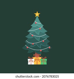 Happy new year poster design. Christmas tree and Gift box.