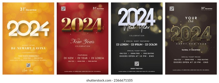 Feliz diseño de afiches de año nuevo 2024. Con sus números 2024, elegante y lujoso. Diseño premium para 2024 feliz invitación a la celebración de año nuevo.