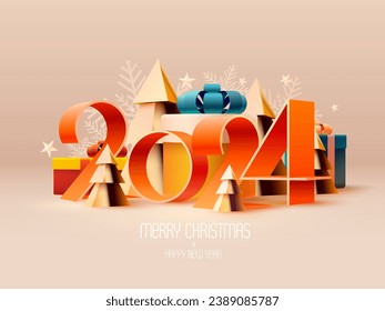 Happy New year poster design 2024. Red 3D numbers with colorful gift boxes and Christmas decoration. Bright greeting card design. The image was created without the use of any form of AI.