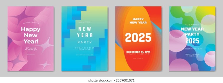 Happy New Year poster design background vector set. Celebration Modern gradient card template with vibrant geometric shape movement different. Ideal design for social media, flyer, party, ads.