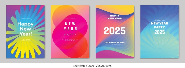 Happy New Year poster design background vector set. Celebration Modern gradient card template with vibrant geometric shape movement different. Ideal design for social media, flyer, party, ads.