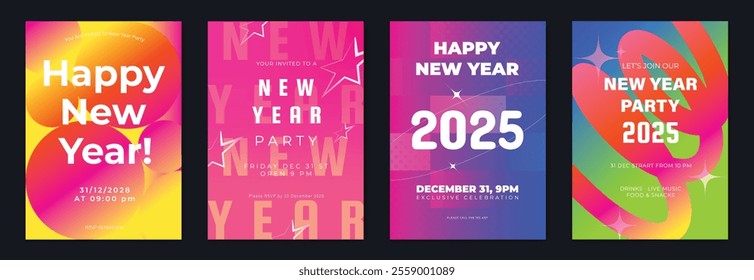 Happy New Year poster design background vector set. Celebration Modern gradient card template with vibrant geometric shape, sparkle. Ideal design for social media, flyer, party, ads.