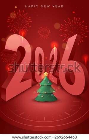 Happy New Year Poster Design with Huge 2026 Number in Clock with Fireworks Background. Christmas Eve and New Year Vector Illustration 