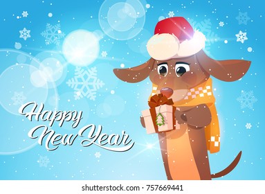 Happy New Year Poster With Dog In Santa Hat Holding Gift Box Flat Vector Illustration