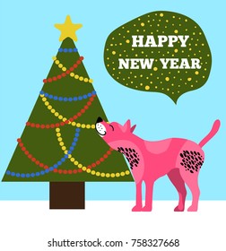 Happy New Year poster with evergreen Christmas tree with colorful garlands, topped by golden star vector illustration with dog symbol 2018 icon