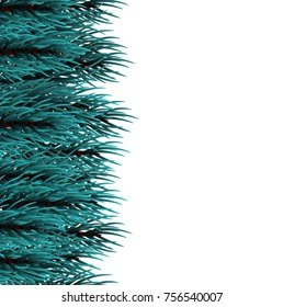 Happy new Year poster frame decoration. Isolated fir banner background. Festive greeting border. Realistic Merry Christmas fairy tale branch blue pine tree template. Xmas mock up vector illustration. 