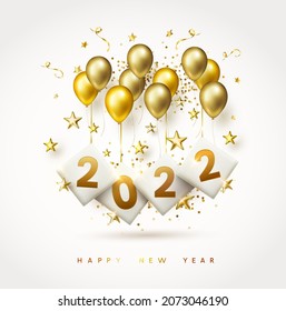 Happy New Year poster. Golden 3D balloons, stars with numbers on white background. Gold ballons, tinsel, confetti and 2022 holiday greeting card design template