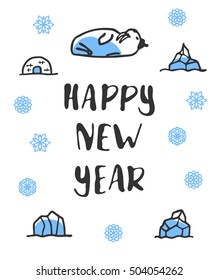 Happy new year poster with lettering. Funny doodle walrus with cartoon icebergs and snowflakes. Vector illustration isolated on white. Cute walrus wears hat