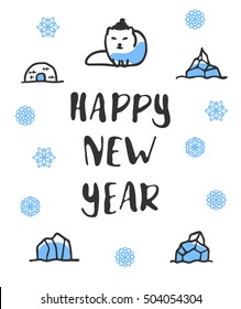 Happy new year poster with lettering. Funny doodle arctic fox with cartoon icebergs and snowflakes. Vector illustration isolated on white. Cute fox wears hat