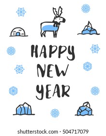 Happy New Year Poster With Lettering. Funny Doodle Reindeer With Cartoon Icebergs And Snowflakes. Vector Illustration Isolated On White. Cute Deer Wears Scarf