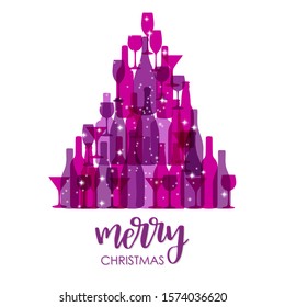 Happy new year poster made with wine and champagne bottles and glasses. Violet Christmas tree on white background. Vector holiday card