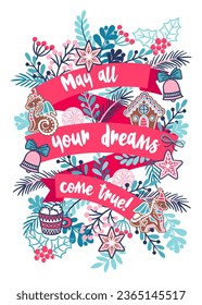 Happy new year poster. Merry Christmas card. T-shirt composition, kids print. Vector illustration.