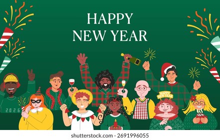 Cartel de Feliz Año Nuevo con amigos multiculturales celebrando juntos