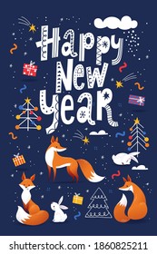 Happy New Year poster with Nordic decorative lettering in Scandinavian style and cute animal characters. Cool decorative Christmas winter design, great for any print options. 