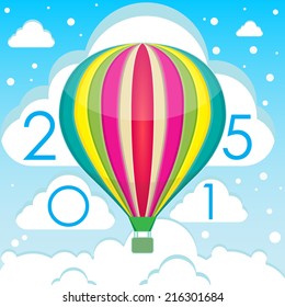 happy new year poster on colored balloons background with clouds