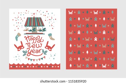 Happy New Year poster, postcard design template on festive background. Carousel with horses, man cookie, Christmas tree, confetti and garlands. For winter seasons greetings.