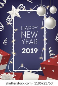 Happy New Year poster or postcard template with border decorated by glowing light garland, bauble, holiday presents on dark background. Festive realistic vector illustration for event celebration.