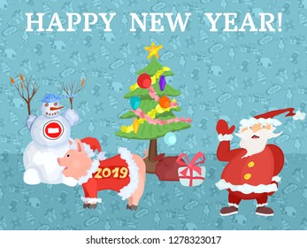 Happy New Year poster with Santa Claus near the Christmas tree