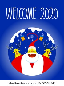 Happy New Year Poster. Santa Claus, Gifts and Reindeers. Night background and Handmade Font. Flat Design.