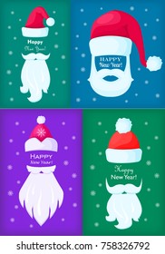 Happy New Year poster of Santa Claus caps, white moustaches and beards on blue, violet, green backgrounds with snowflakes. Vector illustrations with cartoon Christmas elements for festive design.