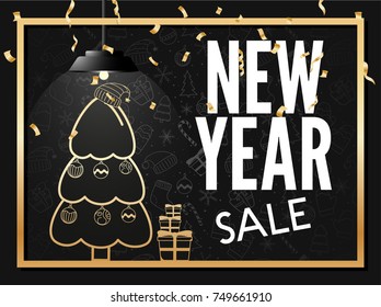 Happy New year poster sign on black background with gold Christmas decoration in frame