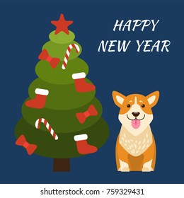 Happy New Year poster with smiling dog of beige and white color and decorated Christmas tree with bows, socks garlands and star vector illustration