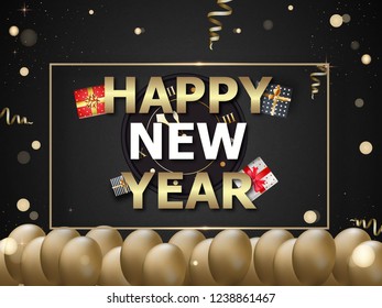 Happy New Year poster or template design decorated with realistic balloons and gift boxes on glossy black bokeh background.