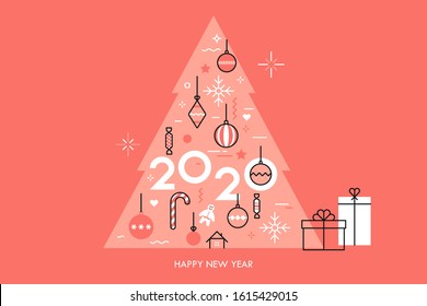 Happy New Year poster template with holiday spruce tree decorated by 2020 number, baubles, candies, sugar canes, snowflakes, gingerbread man. Vector illustration in linear style for party invitation.