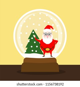Happy New Year poster. Vector illustration of Santa Claus in glass ball with snow. Cute character celebrate Christmas.