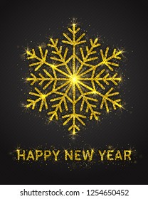 Happy New Year Poster Vector with Bright Golden Sparkling Glitter Stylized Beautiful Snowflake and Lights. New Year's Eve Party Illustration. Celebration Greeting Card Template