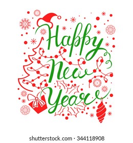 Happy New Year poster. Vector card. Red and green winter background with snowflakes, Christmas tree and gift. Calligraphy header. Lettering. Hand drawn typography.