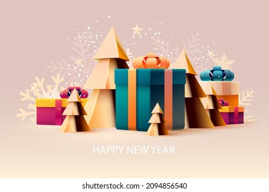 Happy New year poster. White numbers with gift boxes and Christmas tree. Bright greeting card design.