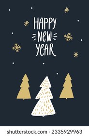 Happy new year poster with white gold christmas trees on black backdrop. Holiday card design. Vector art illustration. New year template background. Gold pattern card. Typography poster