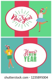 Happy New Year poster, woman in Santa Claus hat, vector lettering in oval frame. Girl with glass of champagne, in yellow sweater with snowman, vector