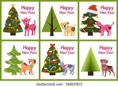 Happy New Year posters 2018 set with abstract Christmas trees and cute spotted puppies vector illustration greeting cards isolated on white background