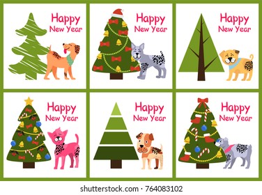 Happy New Year posters 2018 set with abstract Christmas trees and cute spotted puppies vector illustration greeting cards isolated on white background