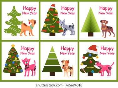 Happy New Year posters 2018 set with abstract Christmas trees and cute spotted puppies vector illustration greeting cards isolated on white background
