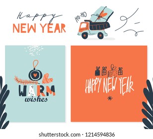 Happy New Year posters / cards. Vector illustrations and typography for design. 