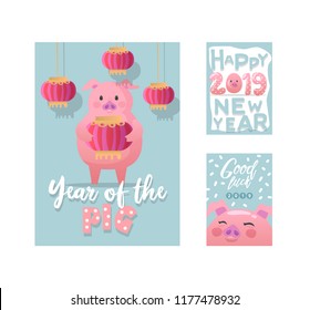 Happy New Year Posters. Cute Pig Symbol of 2019 Year. Greeting Card Banner, Invitation, Placard Template. Vector illustration