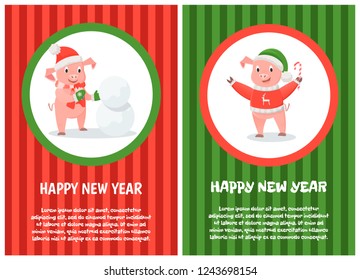 Happy New Year posters, pigs building snowman. Christmas animal in hat and mittens with scarf, winter holidays symbol in sweater with candy stick on red and green