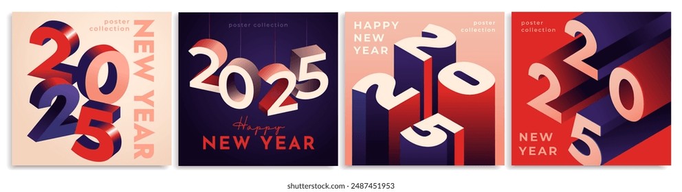 Happy New Year Posters Set. Greeting cards with 3D numbers and inscriptions. Celebrating annual 2025 New Year holiday. Isometric vector illustration collection isolated on white background