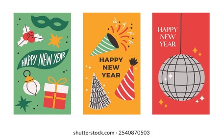 Los carteles de Feliz Año Nuevo establecen una Ilustración vectorial plana simple. Volante de fiesta mínimo, Plantilla de vales de folleto.