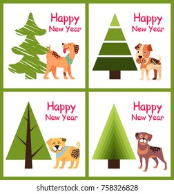 Happy New Year posters set with abstract Christmas trees and cute puppies with spots vector illustration greeting cards isolated on white background