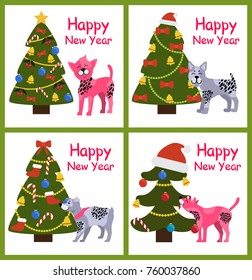 Happy New Year posters set with abstract Christmas trees and cute puppies with spots vector illustration greeting cards isolated on white background