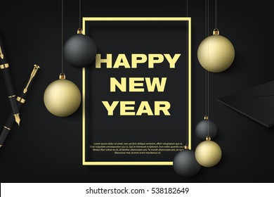 Happy New Year premium gold style horizontal poster with black and gold christmas balls. Black and golden corporate banner, party flyer with frame, holiday invitation card with envelope and pen eps10.