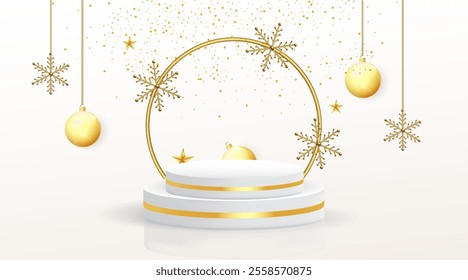 Happy New Year product sale 3D render podium design with Christmas elements. Luxury and white color empty products display showcase vector art. Realistic podium design with Xmas hanging ball. 